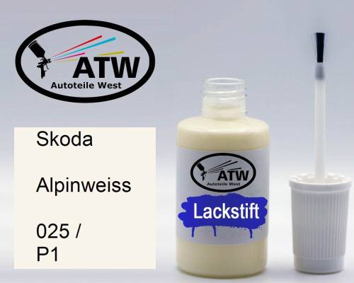 Skoda, Alpinweiss, 025 / P1: 20ml Lackstift, von ATW Autoteile West.